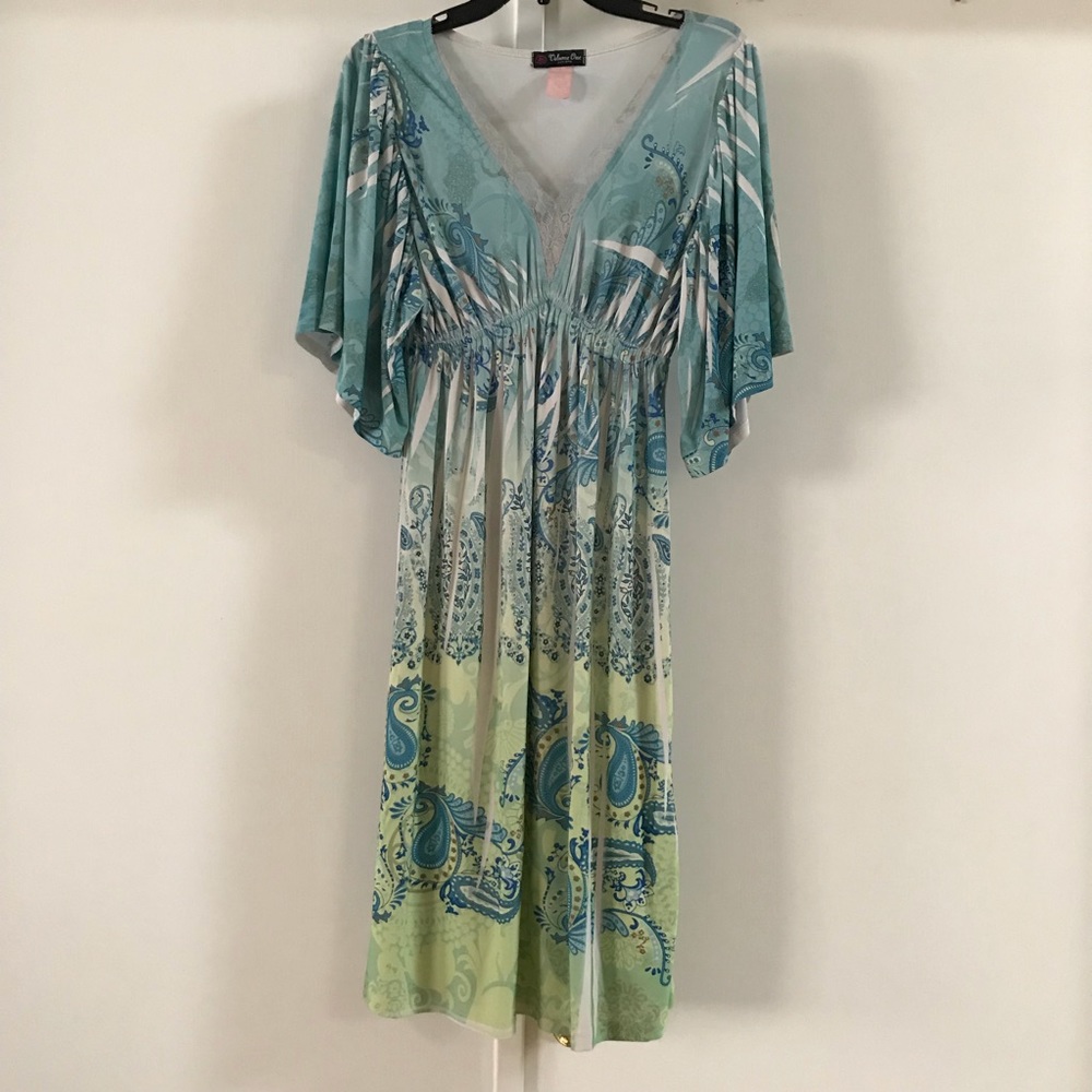 Blue green graphic print dress lace trim